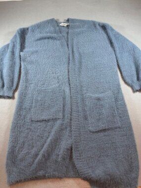 Davi & Dani Dusty Blue Fuzzy Eyelash Knit Open Front Cardigan with Pockets